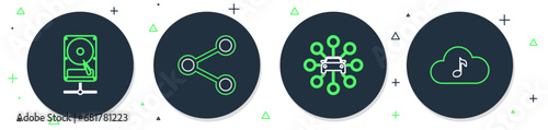 Set line Share, Car sharing, Hard disk drive on network and Music streaming service icon. Vector