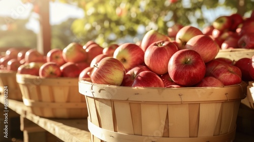 Fresh and Plump Apples Arranged in a Bushel Basket at a Vibrant Farmers Market