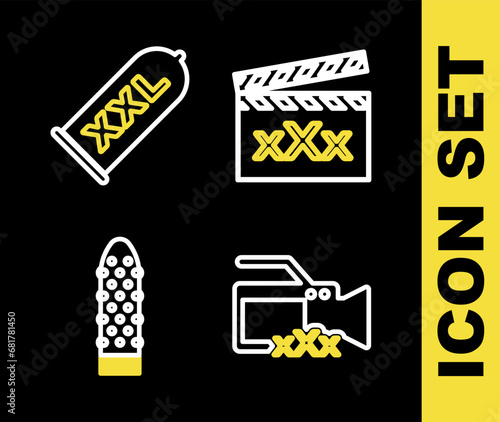 Set line Movie clapper with Sex, Video camera, Dildo vibrator and Condom safe sex icon. Vector