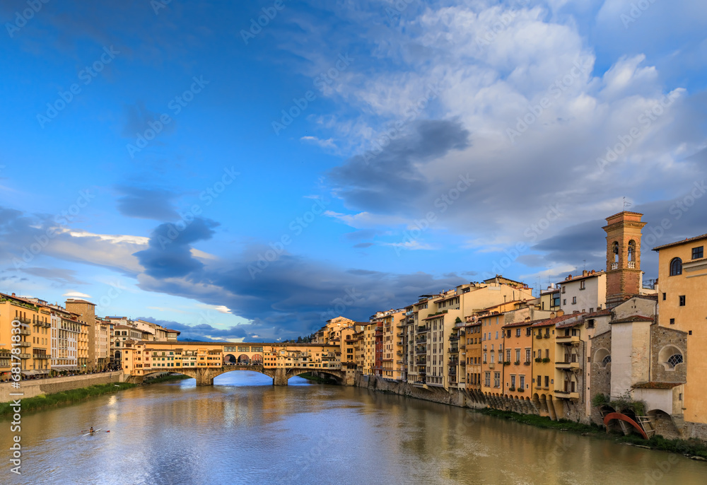 View of the Arno river in Florence, Italy: in the background Ponte Vecchio.	
