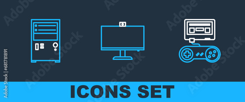 Set line Game console with joystick, Computer and monitor icon. Vector