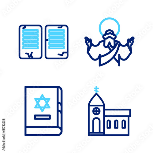 Set line Church building, Jewish torah book, Jesus Christ and The commandments icon. Vector