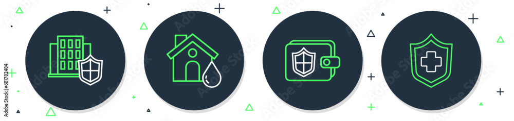 Set line House flood, Wallet with shield, and Health insurance icon. Vector Set line House flood, Wallet with shield, and Health insurance icon. Vector