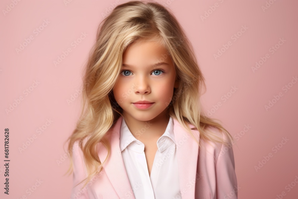 Portrait of a cute little girl in a pink jacket on a pink background. Portrait of a cute little girl in a pink jacket on a pink background.