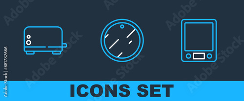 Set line Electronic scales, Toaster and Cutting board icon. Vector