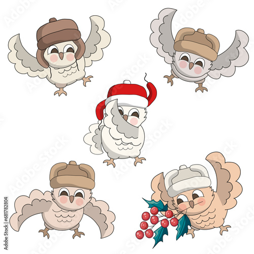 Set of cute owls in a Russian hat - ushanka in different poses on a white background. Cartoon vector illustration.