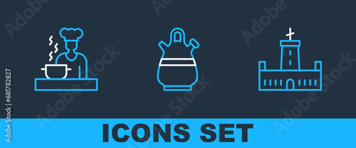 Set line Montjuic castle, Spanish cook and Sangria pitcher icon. Vector
