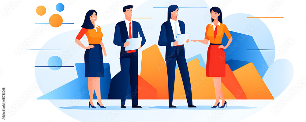 Naklejka premium Group of Coworkers, Business People In An Office, Blue Orange & White, Flat Icon Modern Vector Style