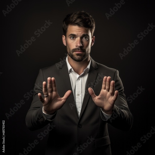 A professional man holds his palms upright, presenting two choices to someone.