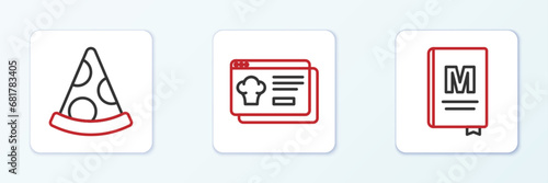 Set line Restaurant cafe menu, Slice of pizza and Online ordering and delivery icon. Vector