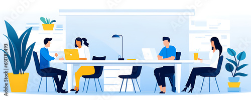 Group of Coworkers, Business People In An Office, Blue Yellow & White, Flat Icon Modern Vector Style