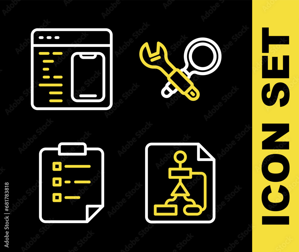 Set line Debugging, Flowchart, Clipboard with checklist and Software icon. Vector Set line Debugging, Flowchart, Clipboard with checklist and Software icon. Vector