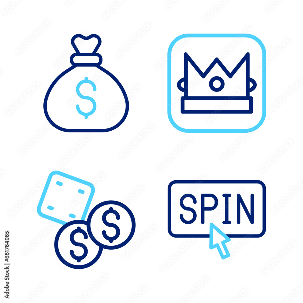 Set line Winner holding prize ticket, Game dice, King playing card and Money bag icon. Vector Set line Winner holding prize ticket, Game dice, King playing card and Money bag icon. Vector