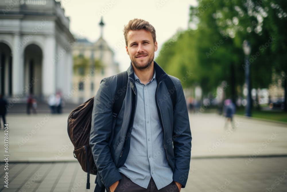 Portrait of a handsome young man with a backpack in the city Portrait of a handsome young man with a backpack in the city