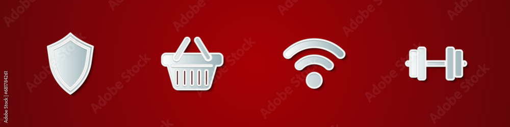 Set Shield, Shopping basket, Wi-Fi wireless network and Dumbbell icon. Vector Set Shield, Shopping basket, Wi-Fi wireless network and Dumbbell icon. Vector
