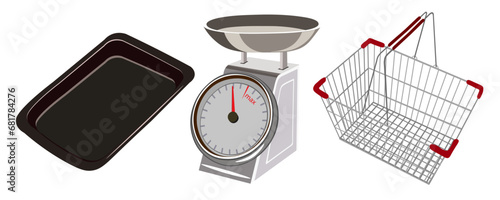 baking tray scales and a basket for products in vector. Items in the style of semi-realism. Objects for the design of an application for a website leaflet booklet.