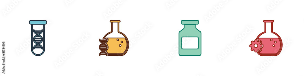 Set DNA research, search, , Medicine bottle and Bioengineering icon. Vector Set DNA research, search, , Medicine bottle and Bioengineering icon. Vector