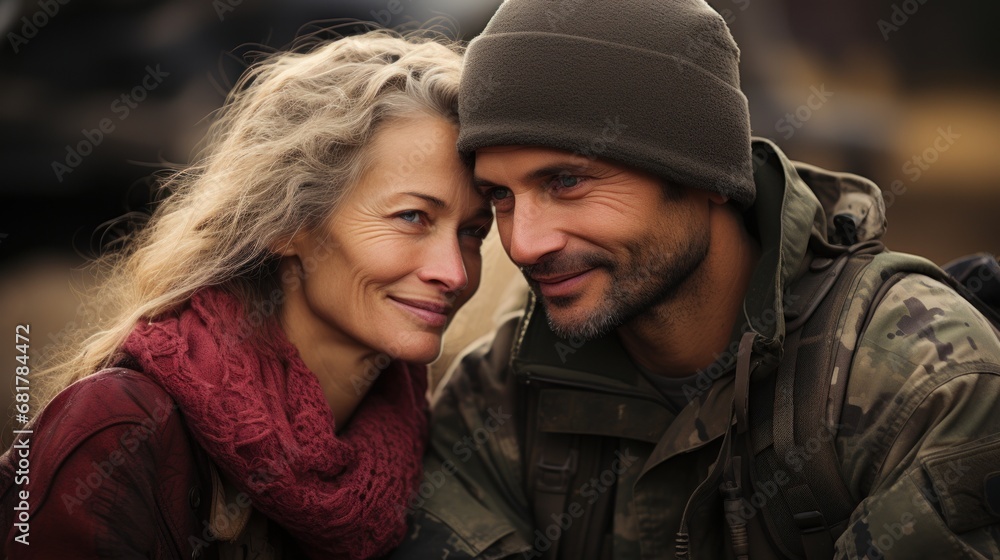 A Candid Moment of mother and a soldier son are smiling for the camera reunion concept A Candid Moment of mother and a soldier son are smiling for the camera reunion concept