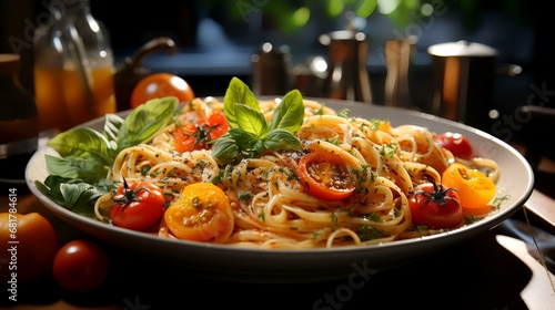 Spaghetti with tomato sauce and basil on a plate in a restaurant