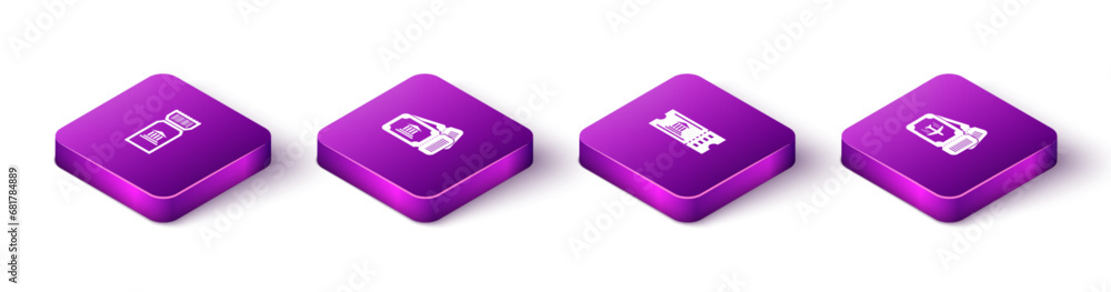 Set Isometric Museum ticket, , and Airline icon. Vector Set Isometric Museum ticket, , and Airline icon. Vector
