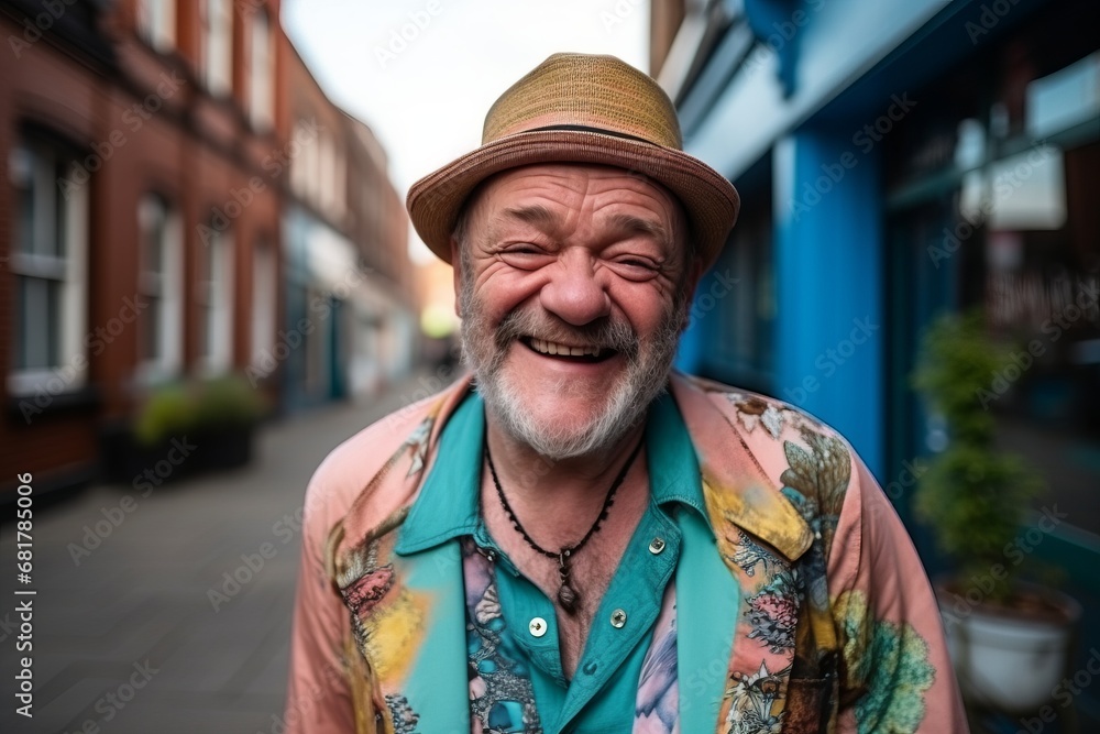 Portrait of a smiling senior man with hat and colorful shirt. Portrait of a smiling senior man with hat and colorful shirt.