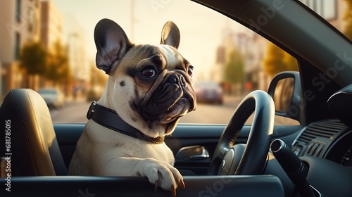 Front view captures the charm of a dog in control  driving a car