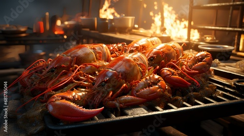 Cooking crayfish on a barbecue grill in a restaurant.