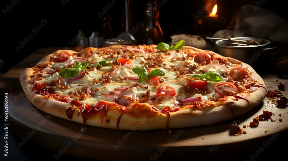 Pizza with mozzarella, tomatoes and basil on a dark background