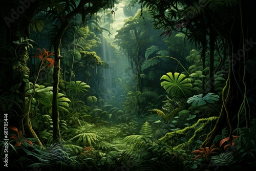 Primeval Green prehistoric jungle. Tropical nature. Generate Ai © juliars