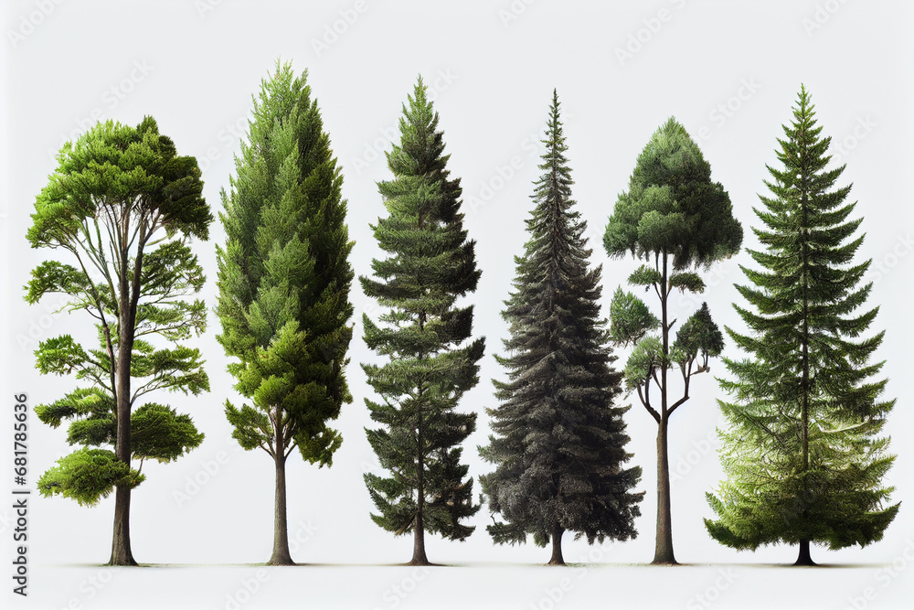 Drawn coniferous trees in a group. Illustration.