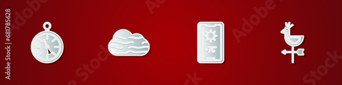Set Compass, Fog and cloud, Weather forecast and Rooster weather vane icon. Vector