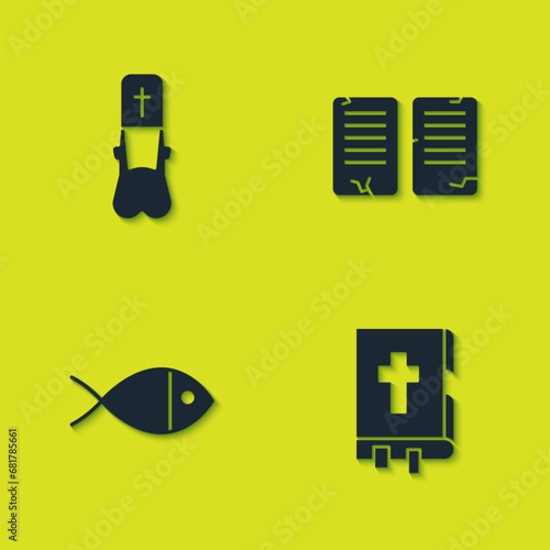 Set Priest, Holy bible book, Christian fish and The commandments icon. Vector