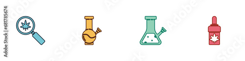 Set Magnifying glass and marijuana, Glass bong for smoking, cannabis and Marijuana olive oil icon. Vector