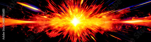 Bright orange and yellow explosion of light in the dark space with black background.