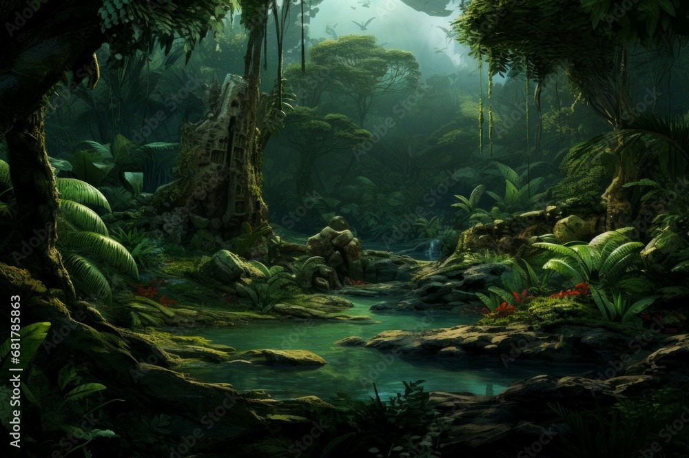 Ancient Green prehistoric jungle. Tropical nature. Generate Ai