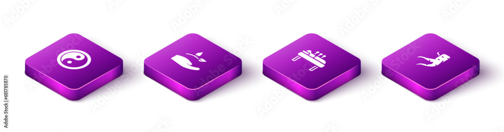 Set Isometric Yin Yang, Leaf hand, Acupuncture therapy and Ginger root icon. Vector Set Isometric Yin Yang, Leaf hand, Acupuncture therapy and Ginger root icon. Vector