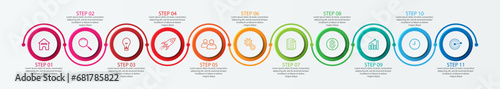 Simple infographic 11 parts or options, simple design with colorful circles and lines. icons, text and numbers, for presentations, flow diagrams and your business photo