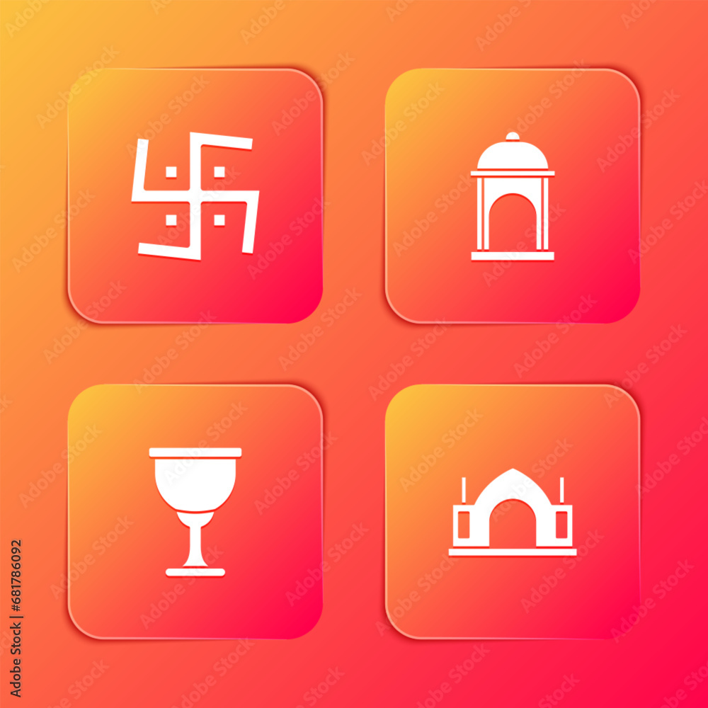 Set Hindu swastika, Muslim Mosque, Holy grail or chalice and spiritual temple icon. Vector Set Hindu swastika, Muslim Mosque, Holy grail or chalice and spiritual temple icon. Vector