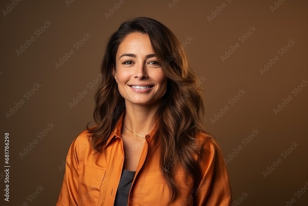 Portrait of a beautiful smiling woman in orange jacket on brown background Portrait of a beautiful smiling woman in orange jacket on brown background