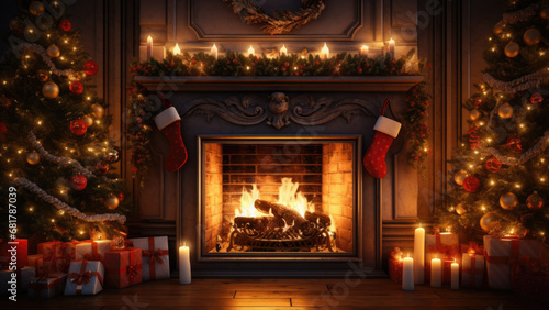 Photorealistic fireplace with a lit fire decorated with Christmas decorations on New Year's Eve.