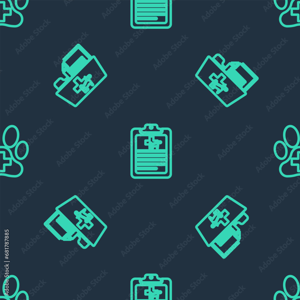 Set line Clinical record pet, Medical veterinary folder and Veterinary clinic on seamless pattern. Vector Set line Clinical record pet, Medical veterinary folder and Veterinary clinic on seamless pattern. Vector