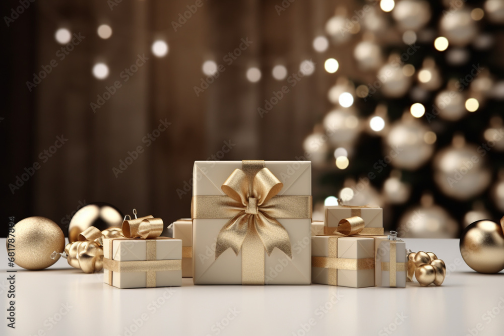 Christmas presents on wooden table decorated fir tree and fire place winter holidays concept Christmas presents on wooden table decorated fir tree and fire place winter holidays concept