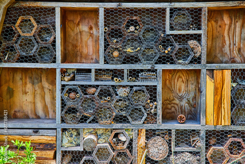 Wooden honeycomb insect hotel for bees the Air Bee N Bee at The Gardens at Lake Merritt © Nicholas J. Klein