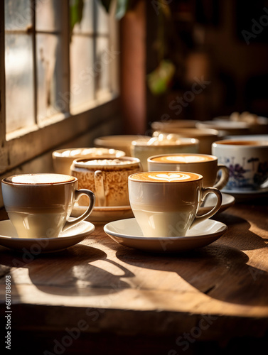 still life of assorted artisanal coffee cups on a rustic wooden table, foam art on lattes, natural window light casting soft shadows