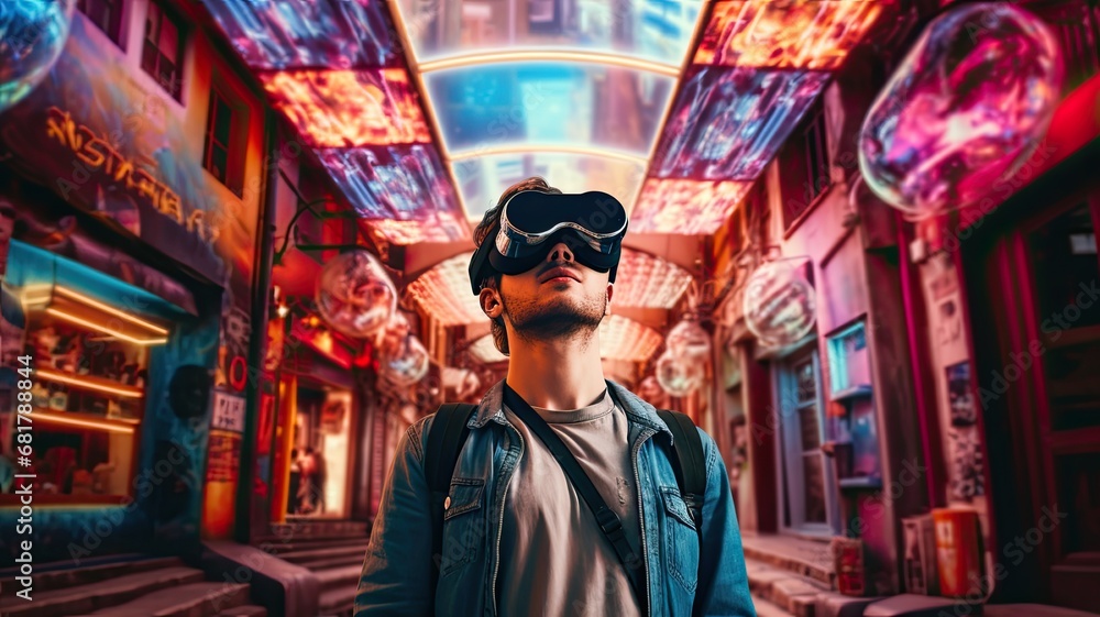 A traveler experiencing virtual reality (VR) tourism, emphasizing the digital innovations in travel experiences