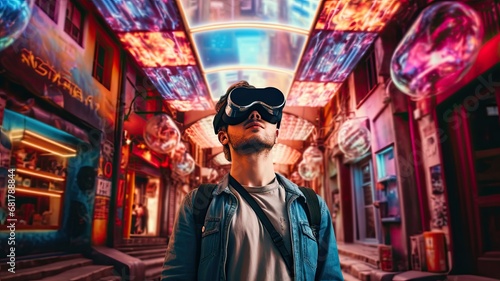 A traveler experiencing virtual reality (VR) tourism, emphasizing the digital innovations in travel experiences