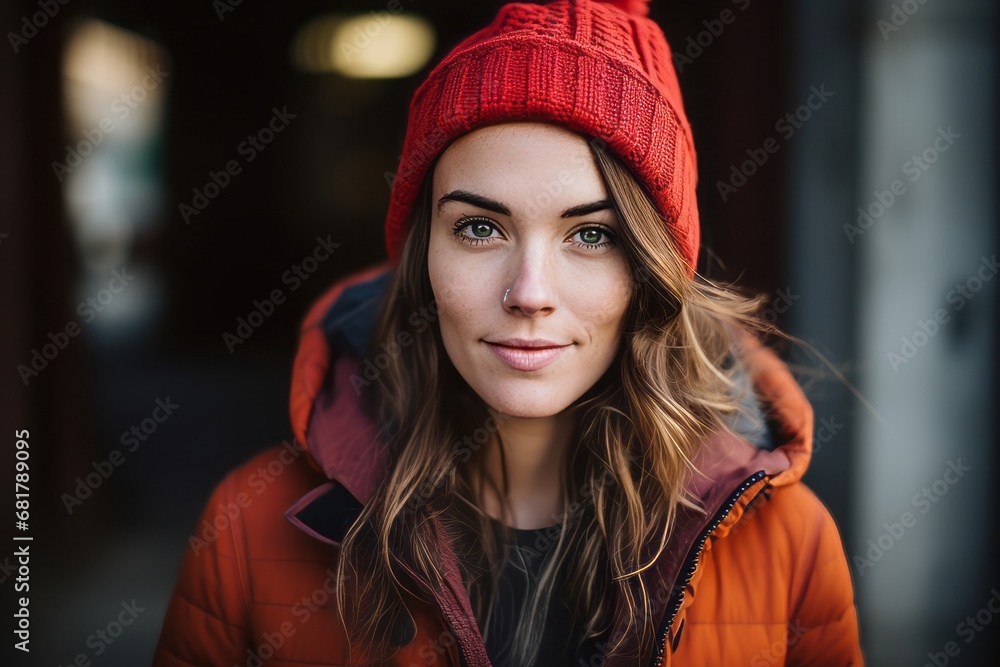 Portrait of a beautiful young woman in a red cap and coat Portrait of a beautiful young woman in a red cap and coat