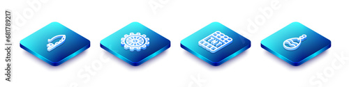 Set Isometric line Fishing rod, Ship steering wheel, Detonate dynamite bomb stick and spoon icon. Vector