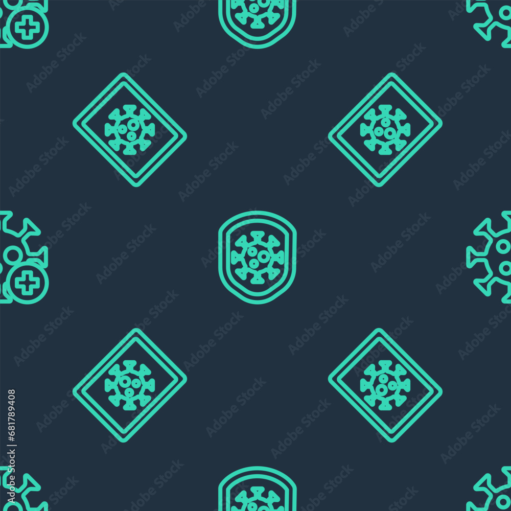 Set line Shield protecting from virus, Virus statistics on monitor and Positive on seamless pattern. Vector Set line Shield protecting from virus, Virus statistics on monitor and Positive on seamless pattern. Vector