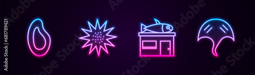 Set line Mussel, Sea urchin, Seafood store and Stingray. Glowing neon icon. Vector